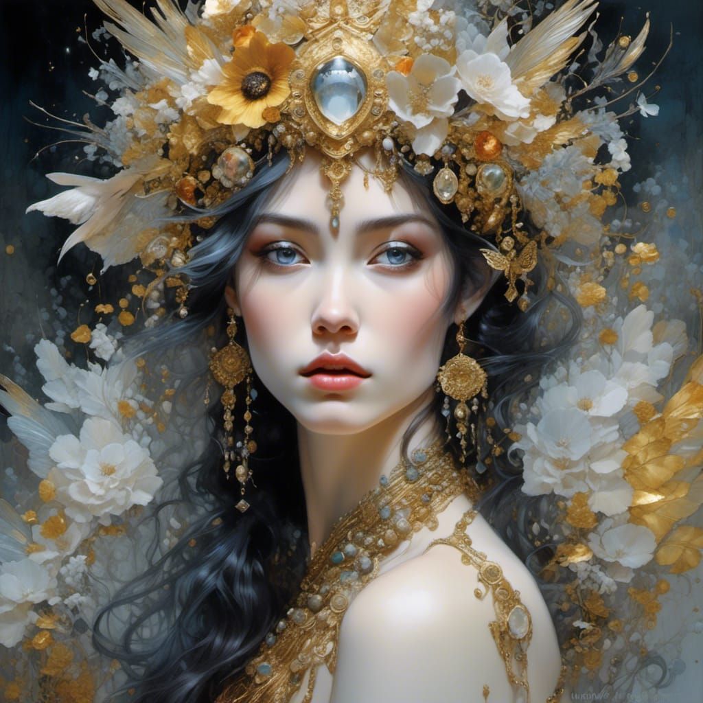 Silver and Gold Woman with Gem Wreath, Watercolor Art