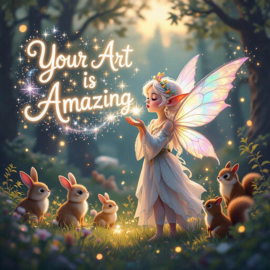 Luminous Elf in Enchanted Forest with Stardust Message