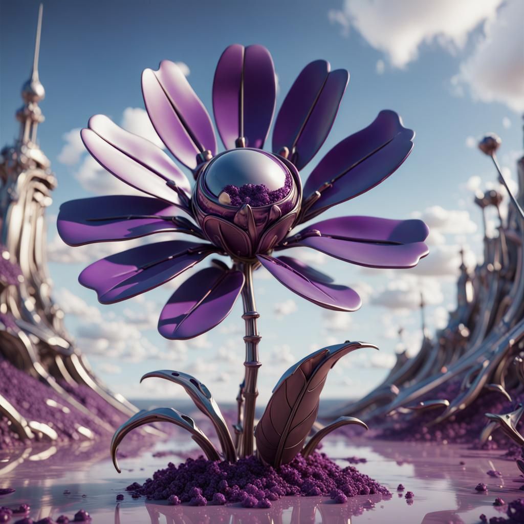 Surreal Purple Flower with Sci-Fi Mechanical Details