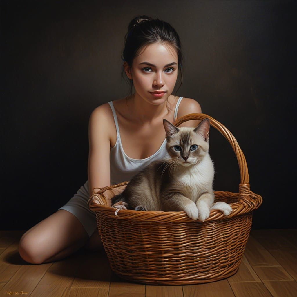 Young Woman with Kitten: Oil Painting in Impressionist Style