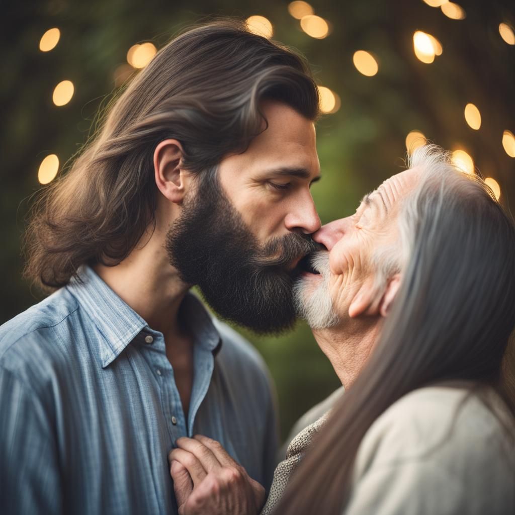 A Kiss Across Time: Man Embraces Older Lover