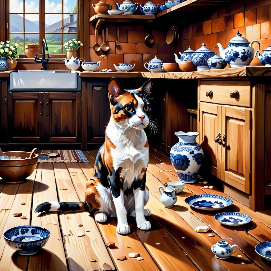 rustic cozy kitchen back ground. A calico cat is sitting on ...