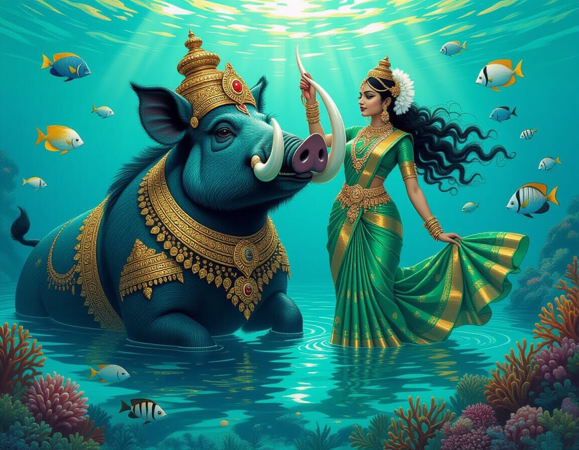 Boar God Rescues Earth Goddess in Turquoise Ocean