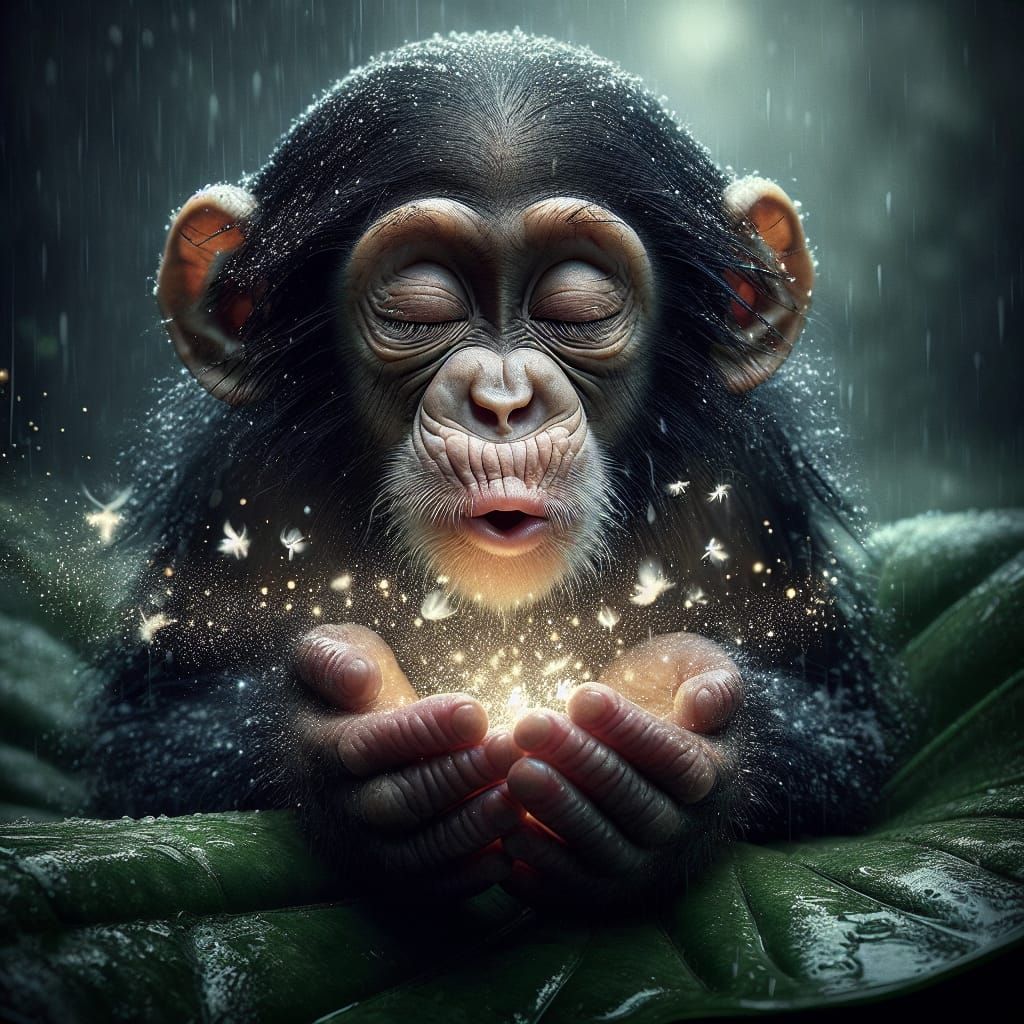 Chimpanzee in Enchanted Rainforest with Magical Sparkles