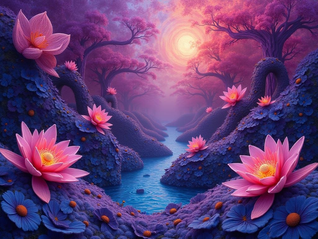 Whimsical Surreal Dreamscapes in Vibrant Purple Hues