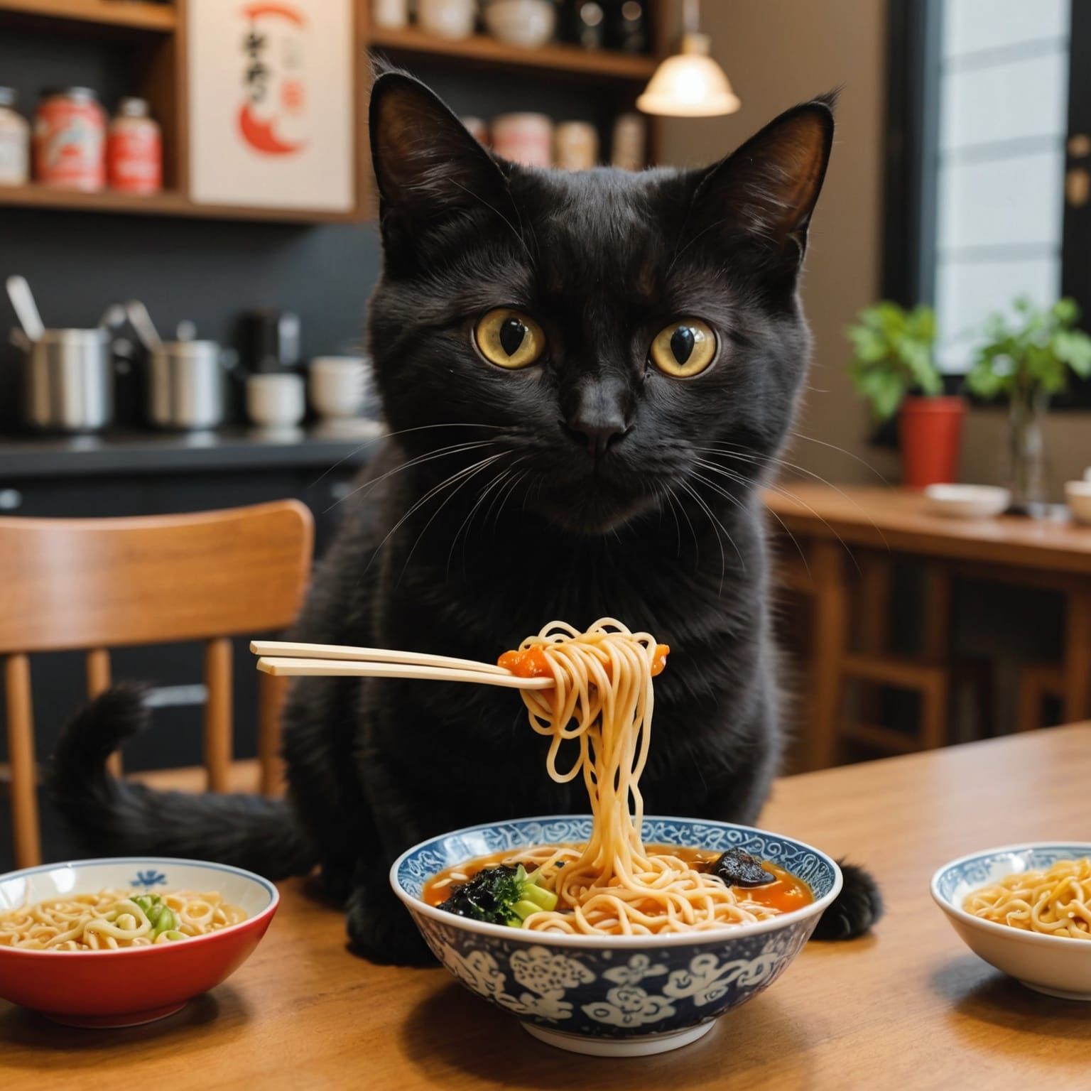 Cute Black Cat Eats Ramen