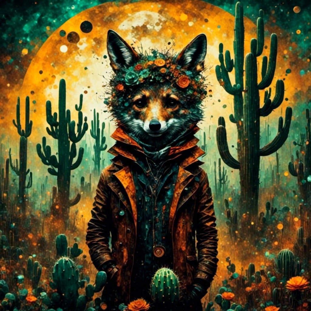 Coyote in Cactus Desert with Diamond Texture