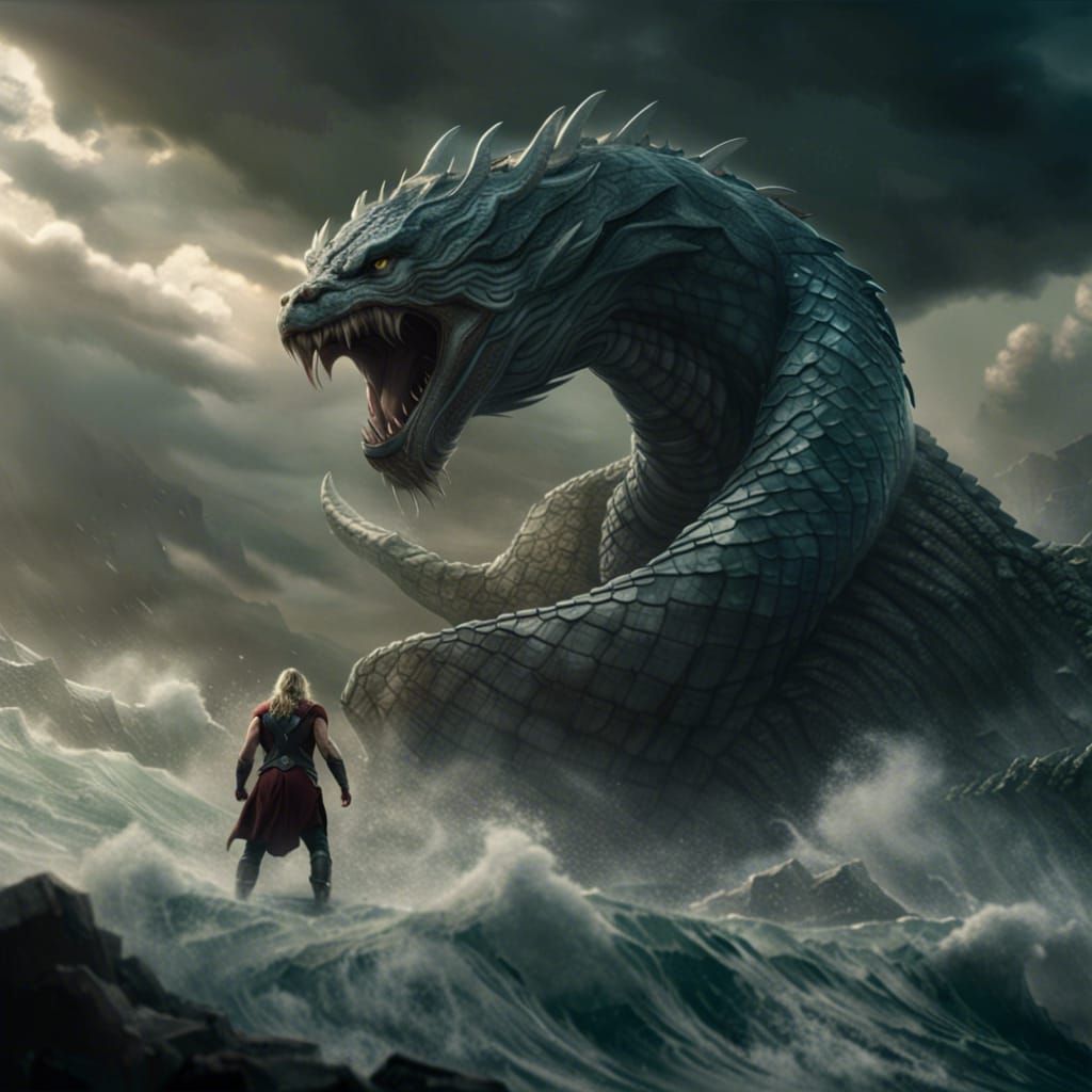 Thor Confronts Jormungandr: Epic Digital Matte Painting
