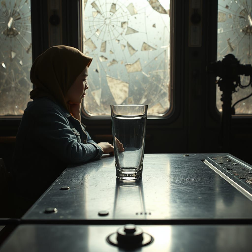 Girl in Headscarf Silhouetted Against Broken Glass