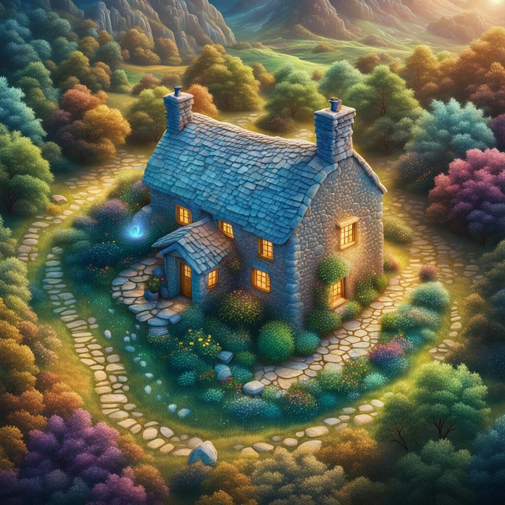 Stone Cottage in Hidden Valley: Astral Cosmic Illustration