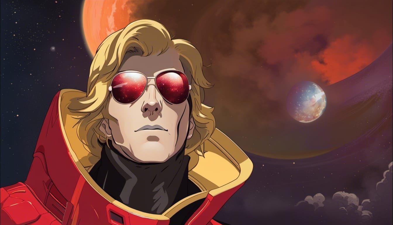 Char Aznable, slim attractive man with shoulder length blonde hair, aviator sunglasses, red space suit, head and torso p...