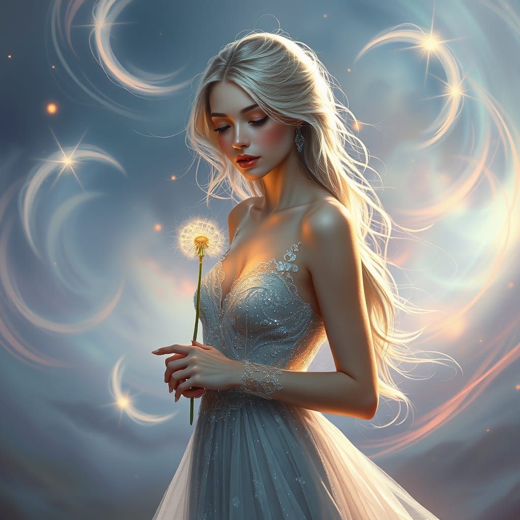 A graceful figure with shimmering hair and a sparkly dress holds a delicate dandelion. Ethereal swirls of light and colo...
