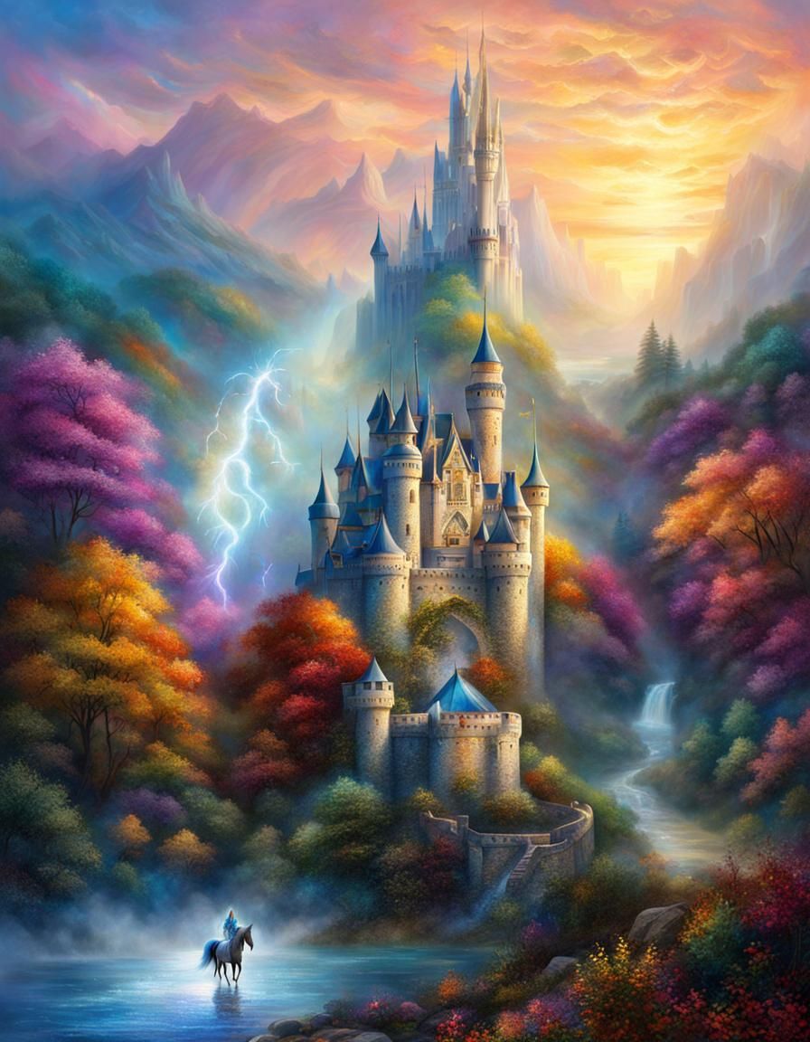 Ethereal Fall Castle Scene with Unicorn in Fantasy Style