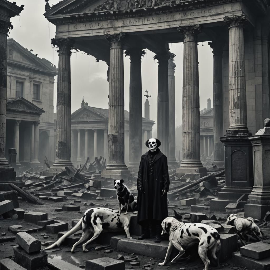 Gothic Model Among Roman Ruins in Black and White