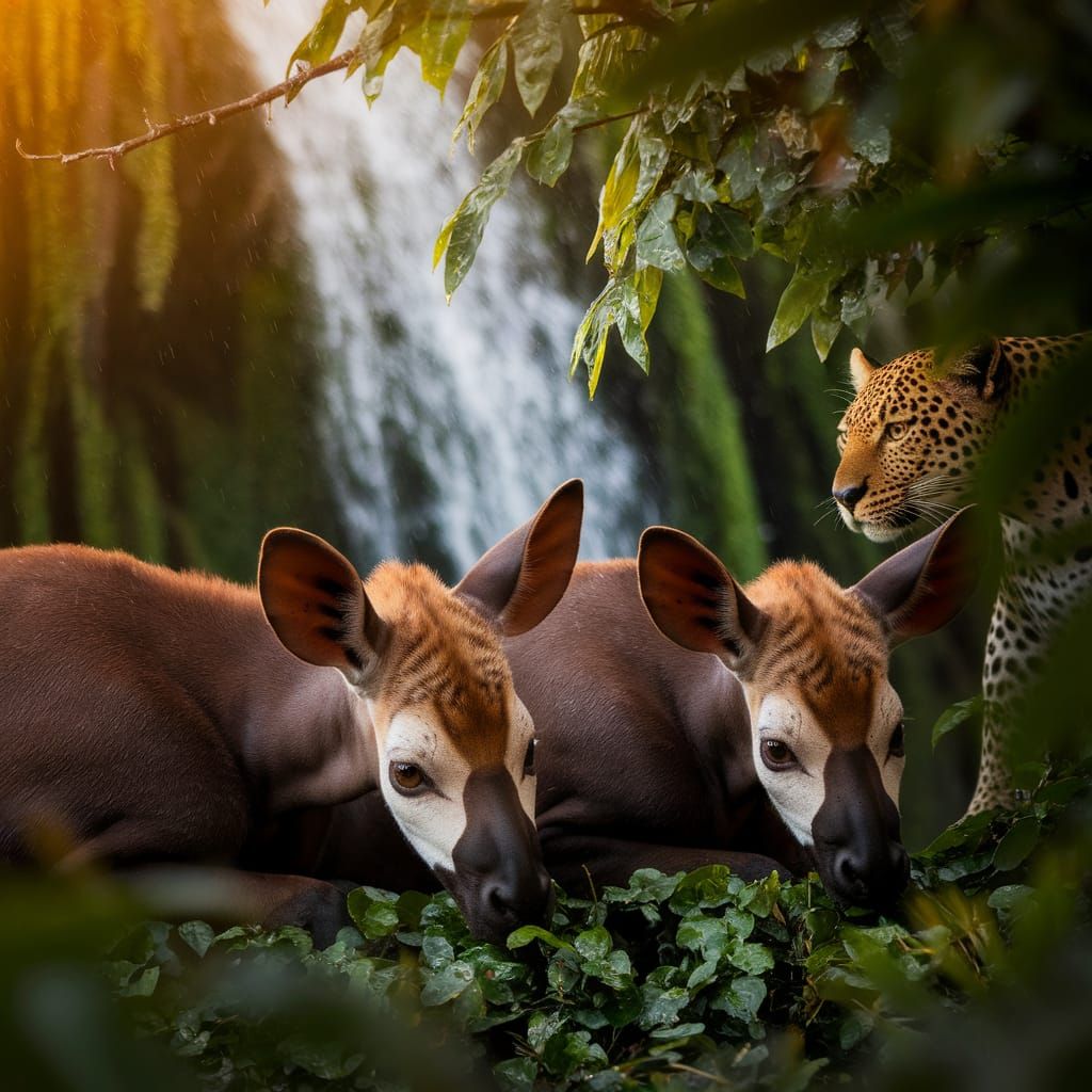 Okapi in Rainforest with Leopard