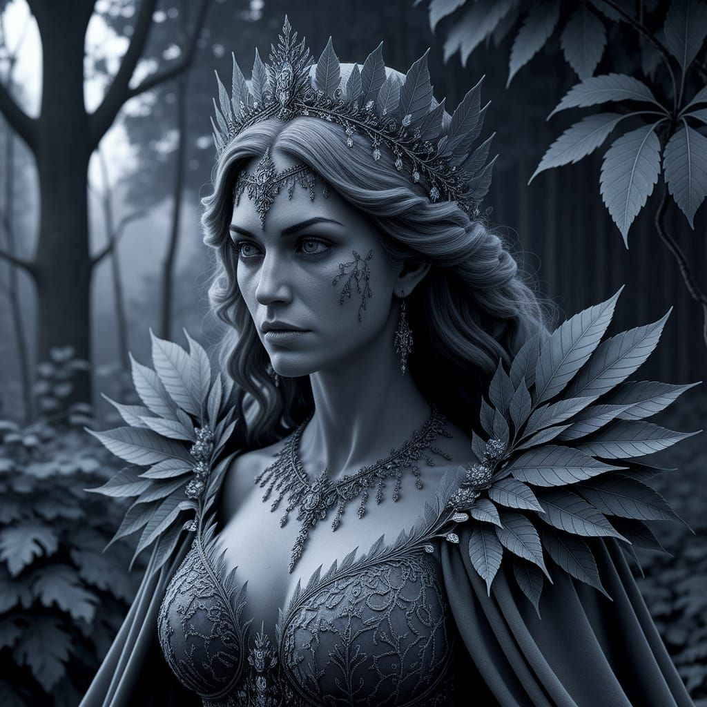 Forest Queen with Leaf Tiara in Detailed Charcoal Drawing