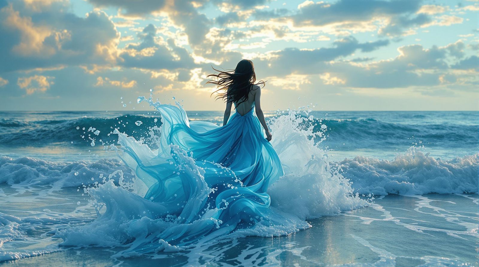 Ethereal Ocean Goddess Radiates Joy in Majestic Scene