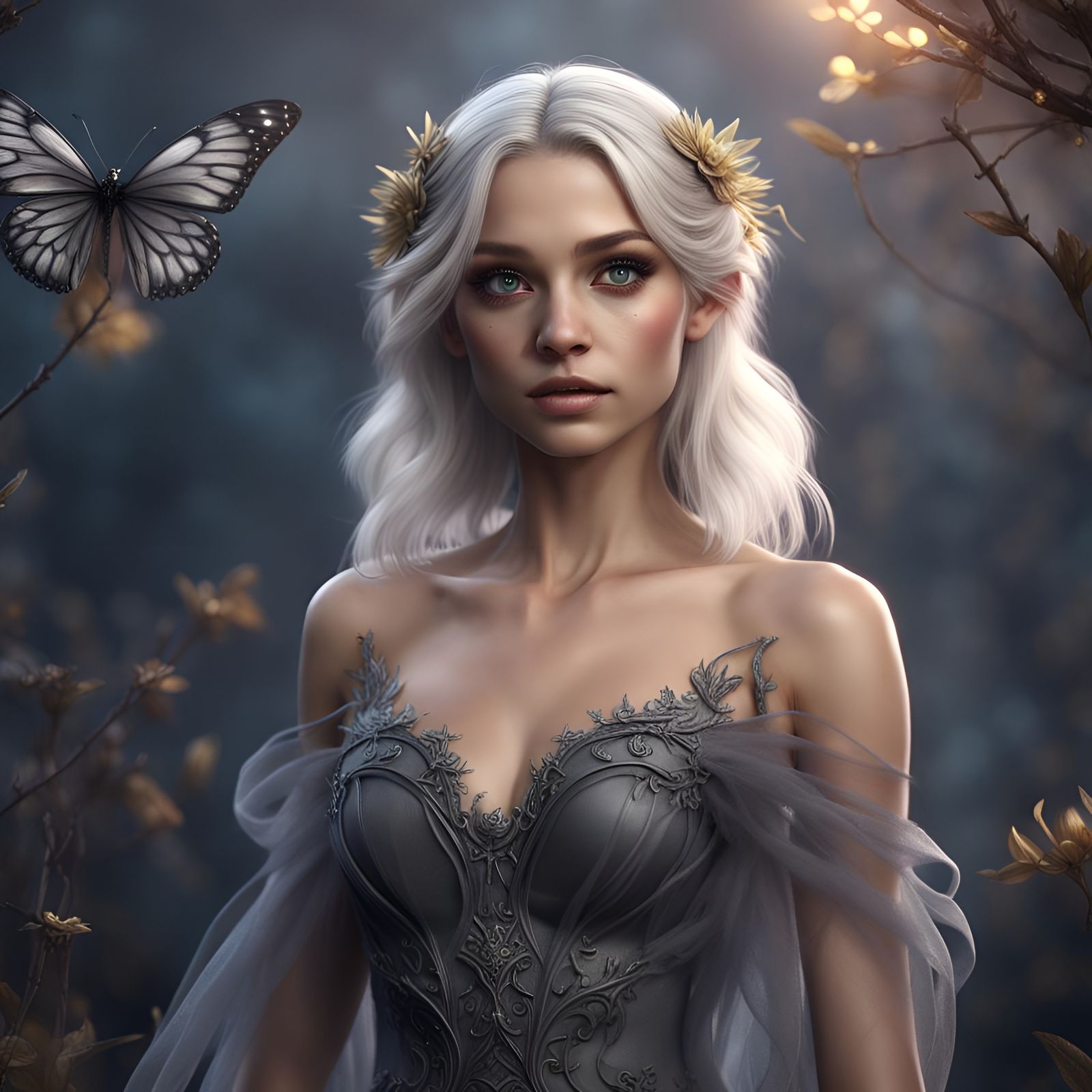 Grey Blonde Fairy with Magic Eyes in Matte Painting