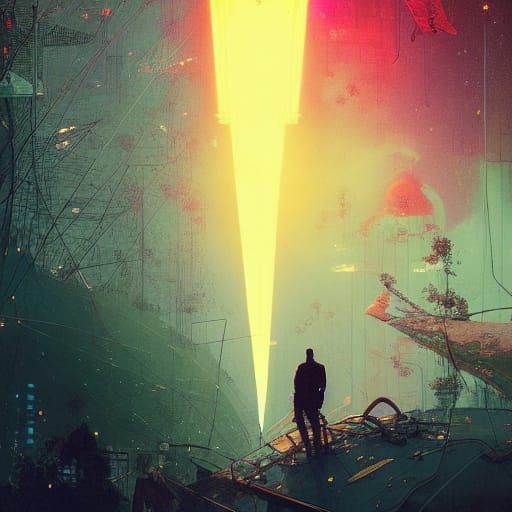 Man Ascending into Sky Beam: Cel-Shaded Photography