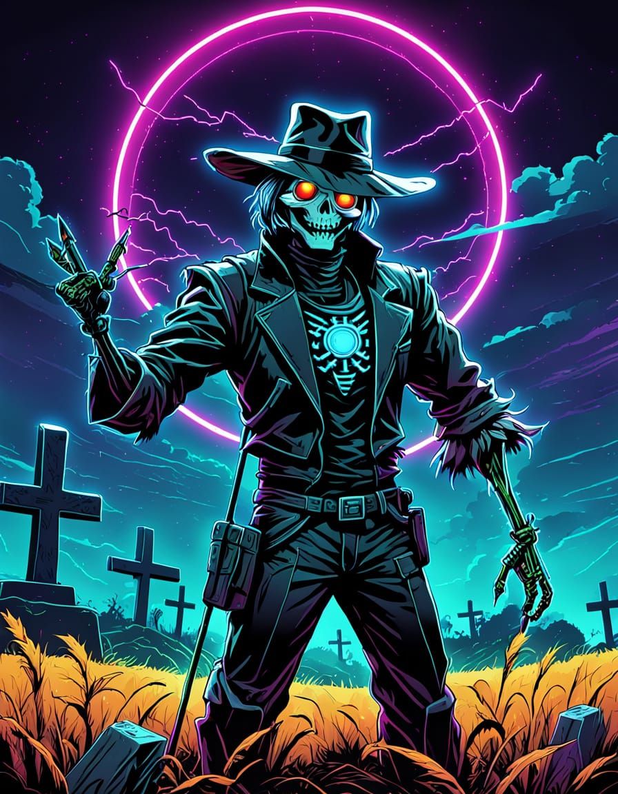 Neon Retro Scarecrow Grave in Synthwave Cartoon