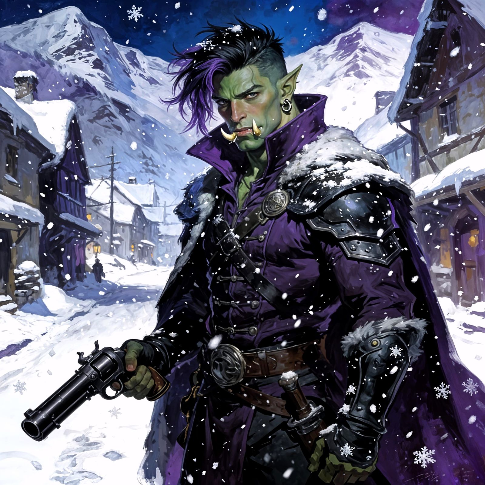 Half-Orc Rogue with Pistol on Snowy Mountain Street