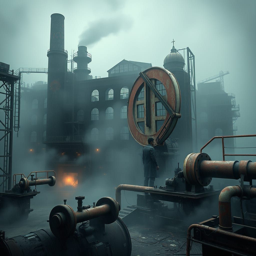 Eerie Derelict Factory in Mist, Digital Art