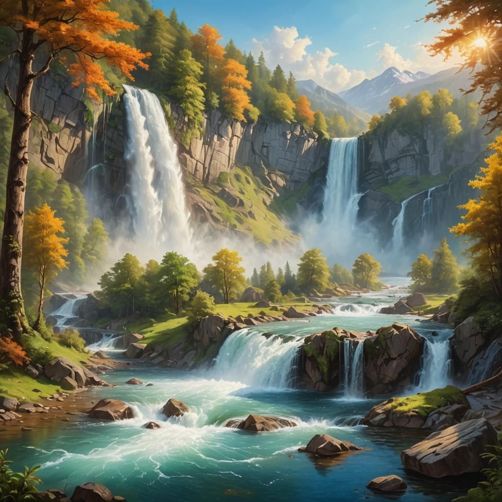 Majestic Waterfall Landscape in Golden Hour Light