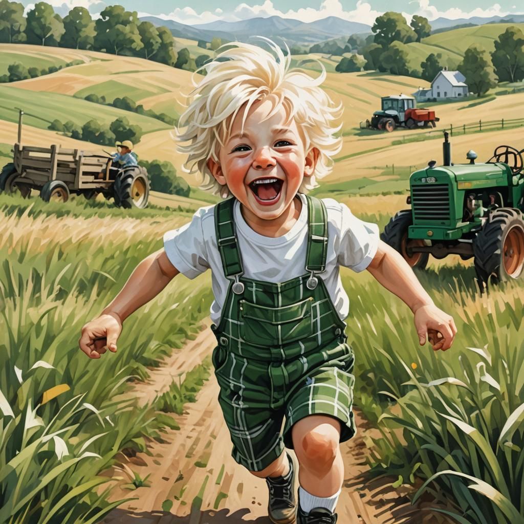 Happy Boy in Field: Digital Art Illustration