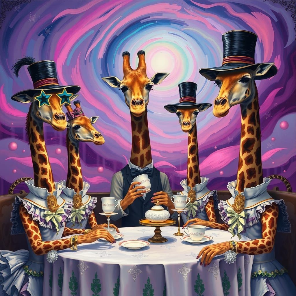 Giraffes' Surreal Tea Party in Victorian Style