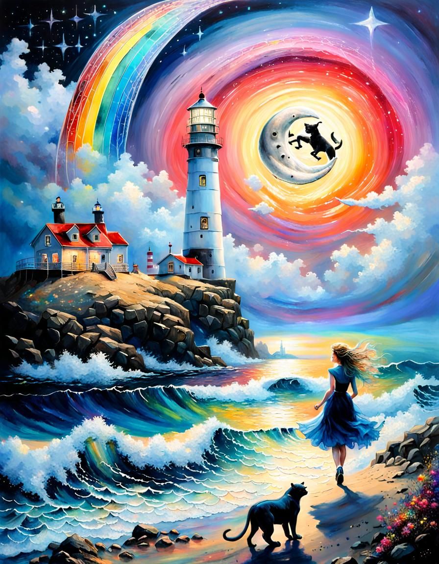 Emotional Landscape with Crescent Moon in Mixed Media