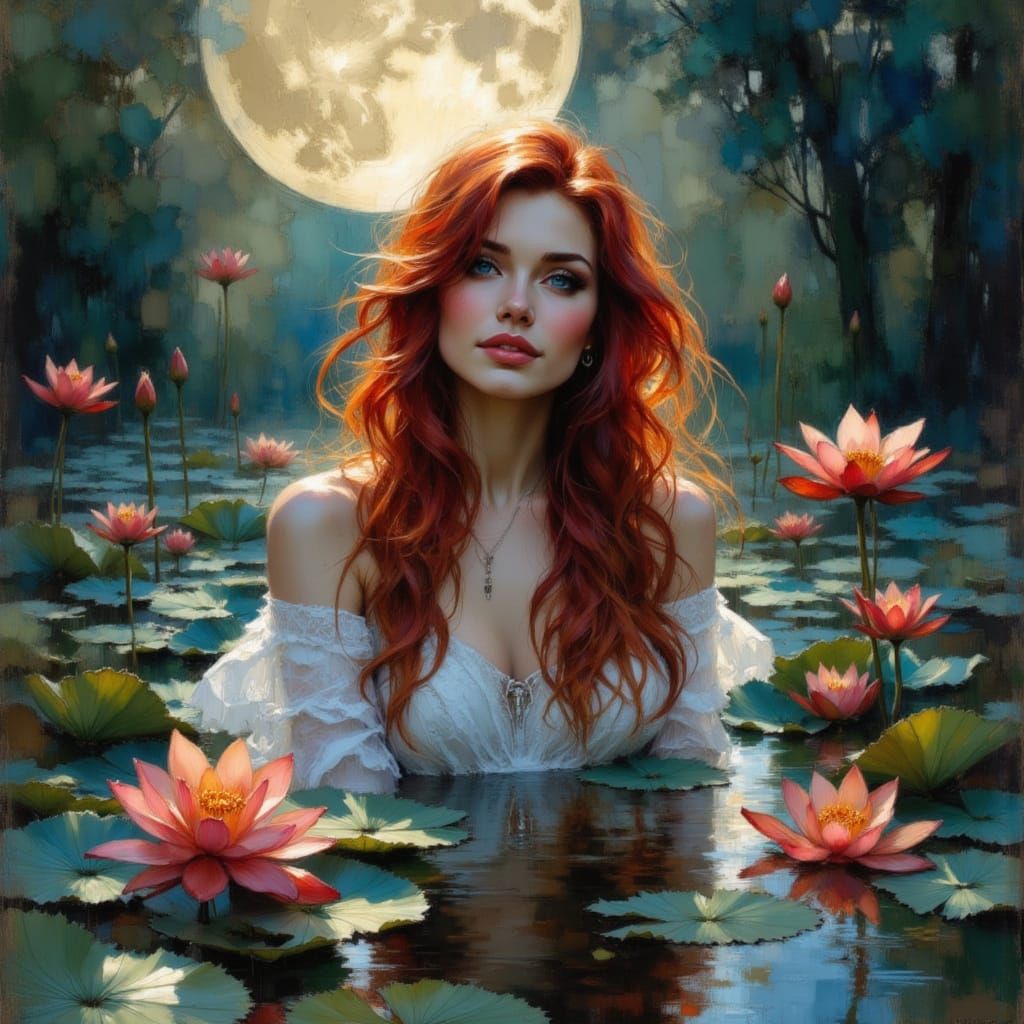 Ethereal Redhead in Lily Pond, Watercolor Style