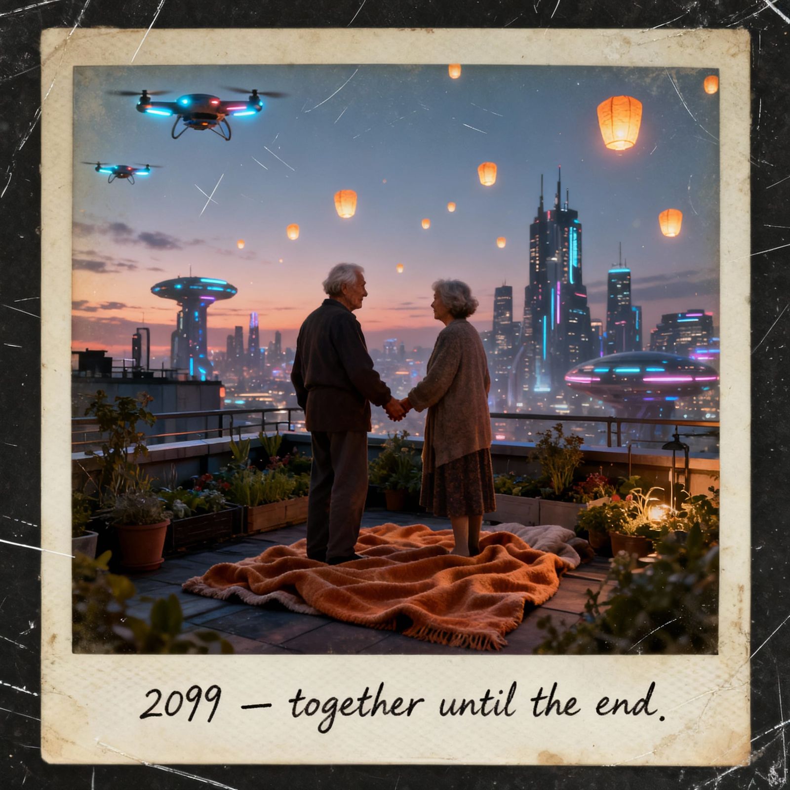 Elderly Couple on Rooftop Overlooking Futuristic City in 209...