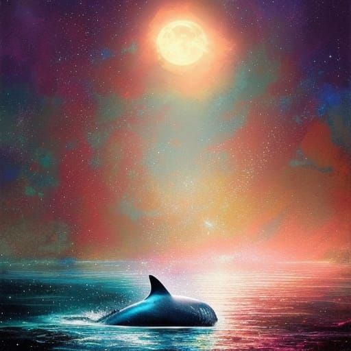 Whale Leaps Before Moon in Impressionistic Gouache Style