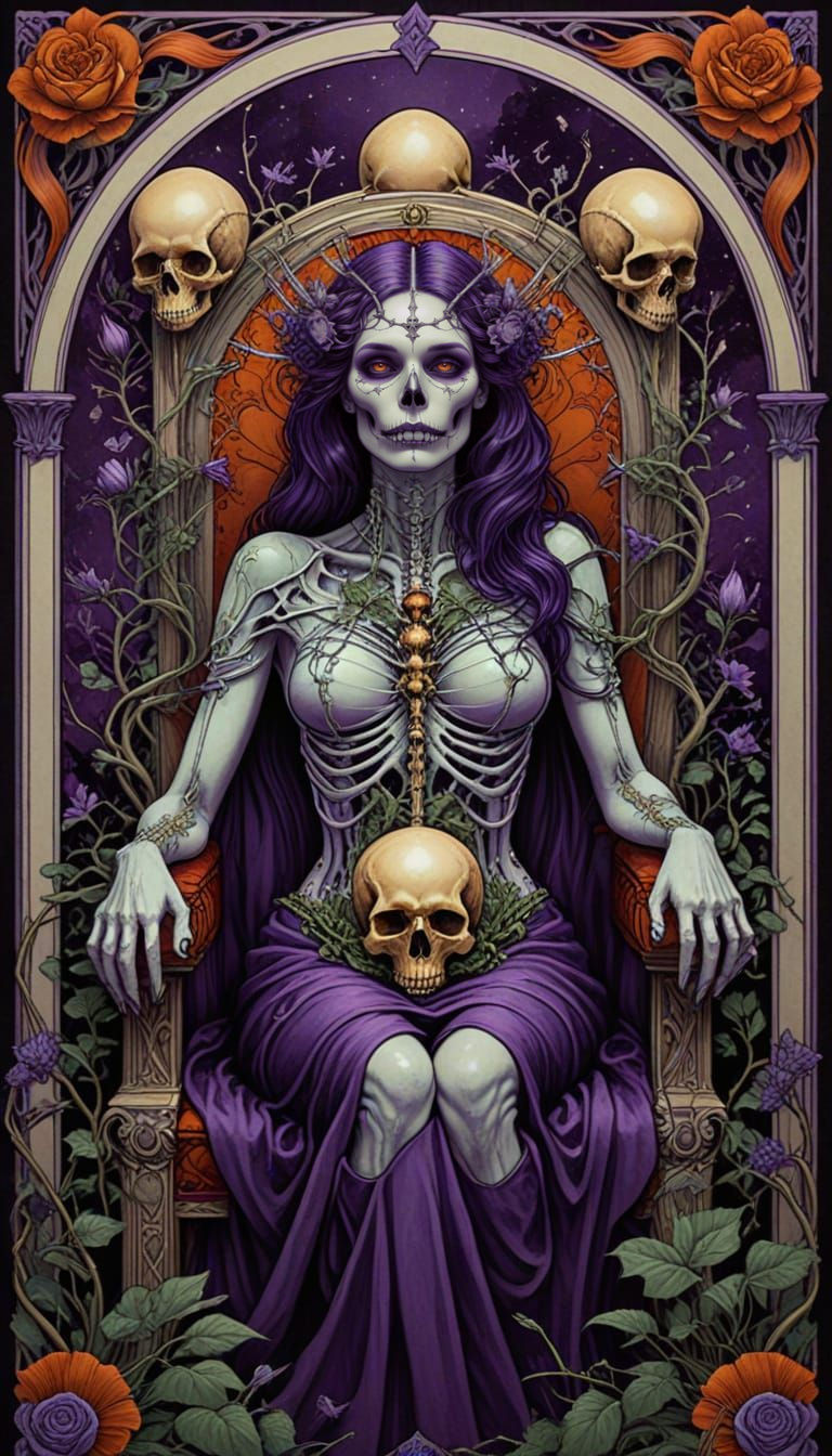 Art Nouveau Tarot Card Portrait: Woman on Bone Throne