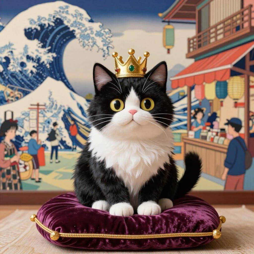 Tuxedo Cat in Crown on Velvet Cushion