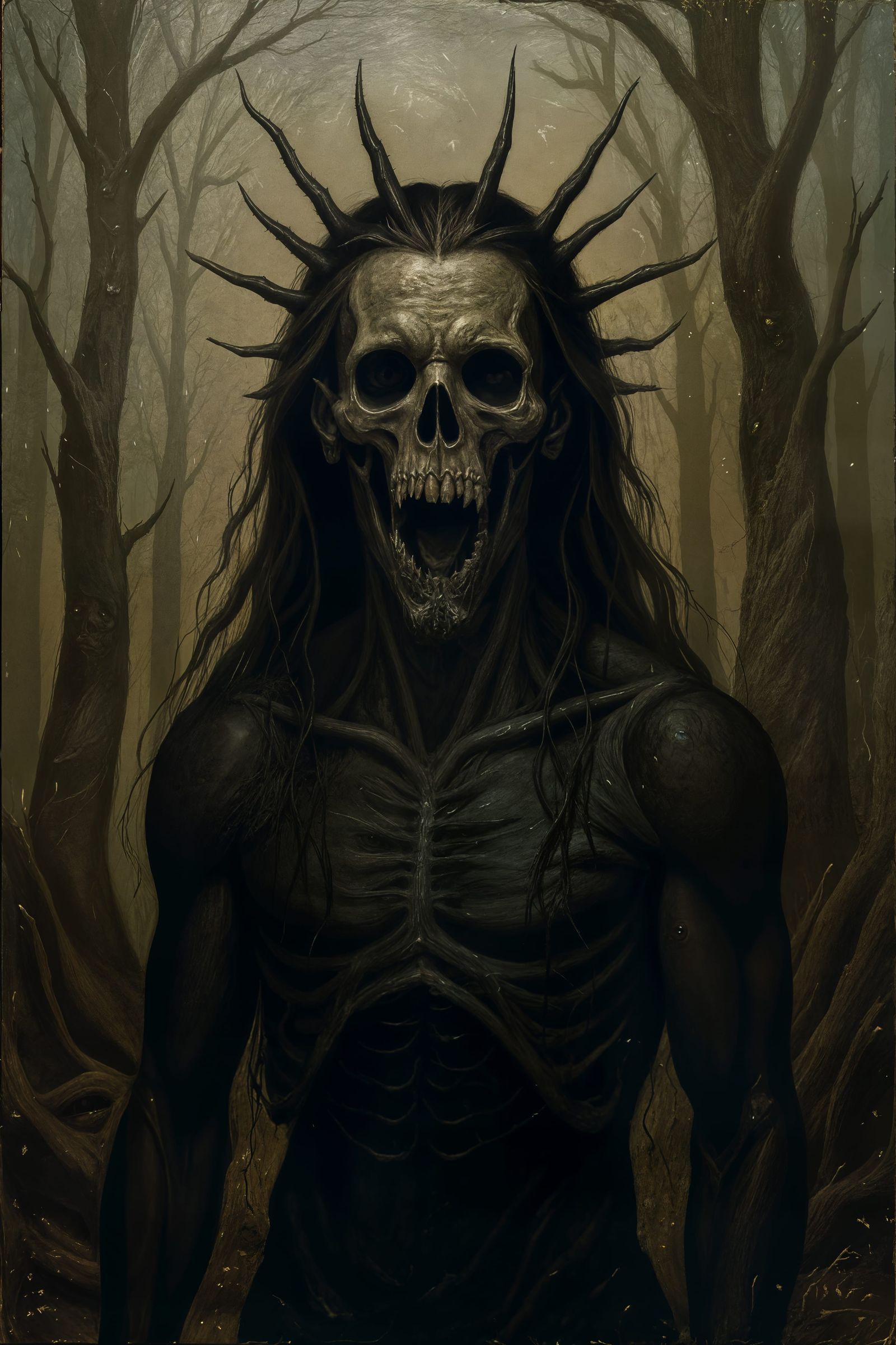 Eerie Skeletal Figure in Desolate Forest