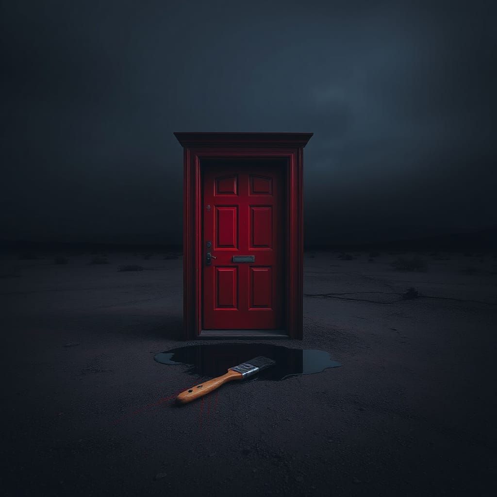 Dark Red Door Awaits Transformation in Monochromatic Landsca...