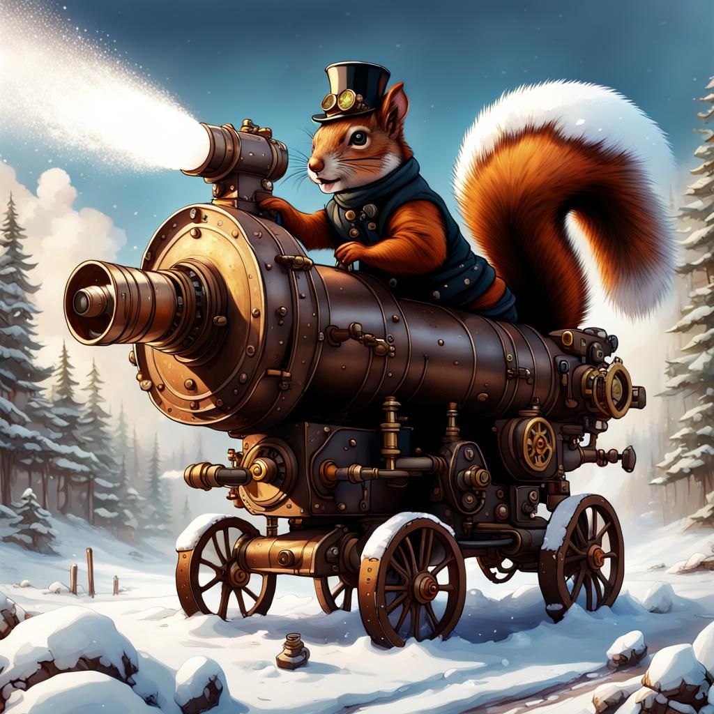 Steampunk Squirrel with Snow Cannon in Winter