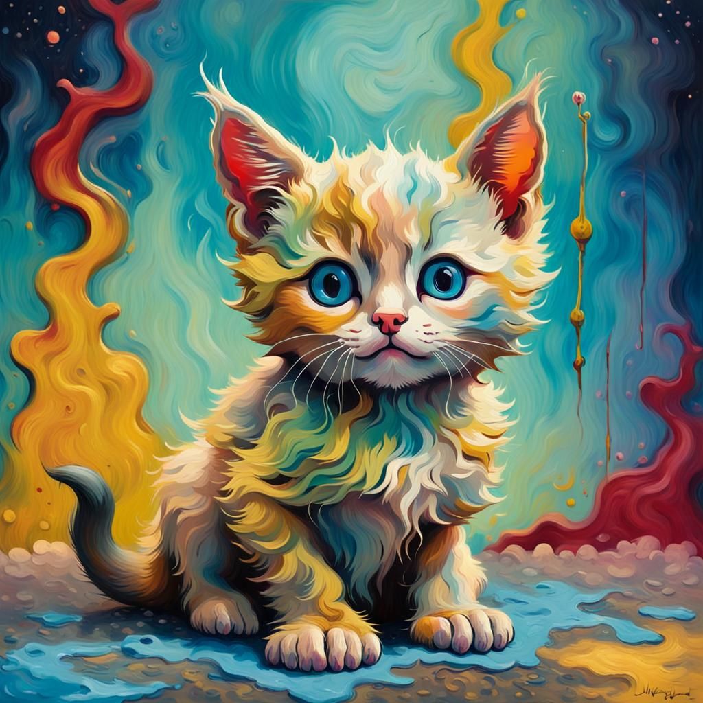 Cute Cernunnos Kitten in Van Gogh Oil Painting