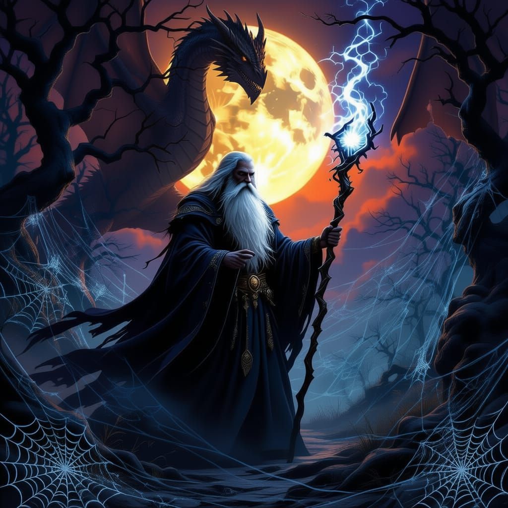 Wise Wizard on Moonlit Peak with Dragons and Glowing Webs