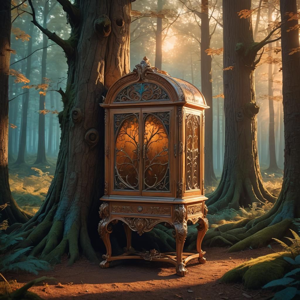 Ornate Fantasy Cabinet in Forest: Digital Art