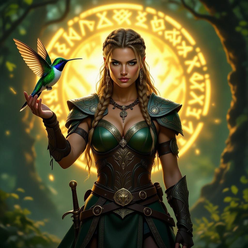 Norse Warrior with Hummingbird in Spring Forest