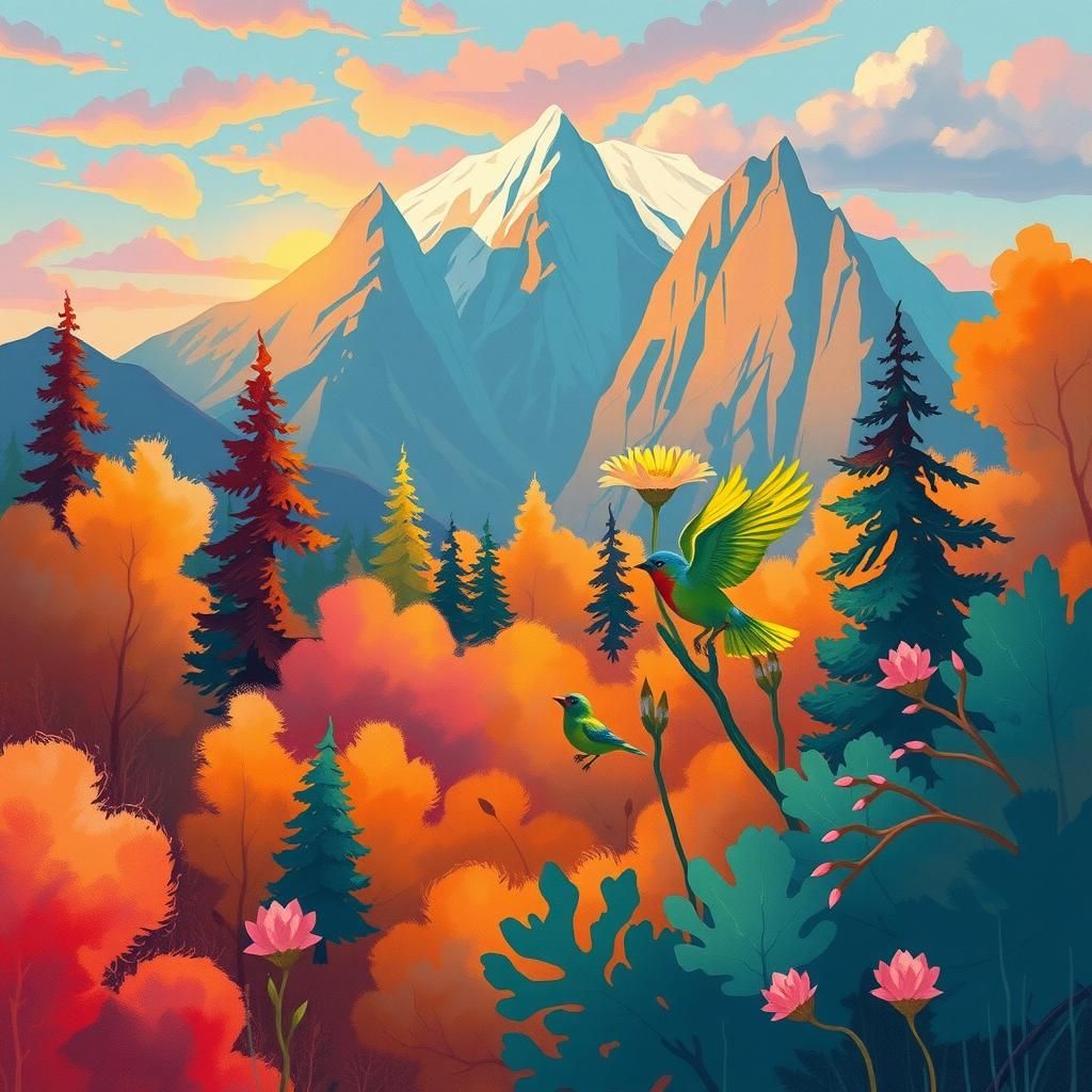 Whimsical Forest Landscape in Gouache with Sunset Lighting