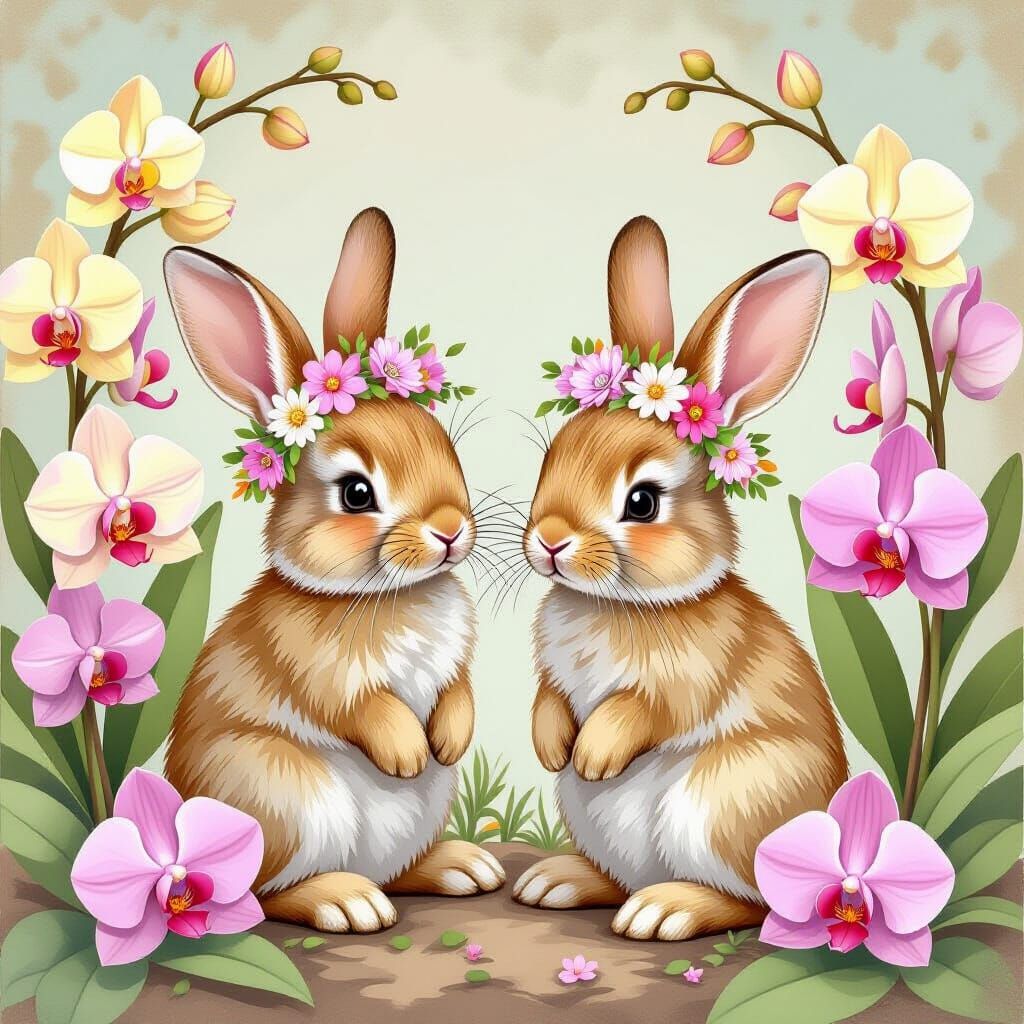 Adorable Baby Bunnies in Orchid Garden, Dürer & Potter Inspi...