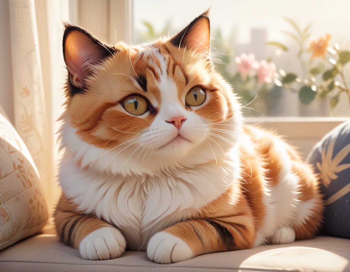 Chibi Calico Cat Relaxing on Sofa in Kawaii Style