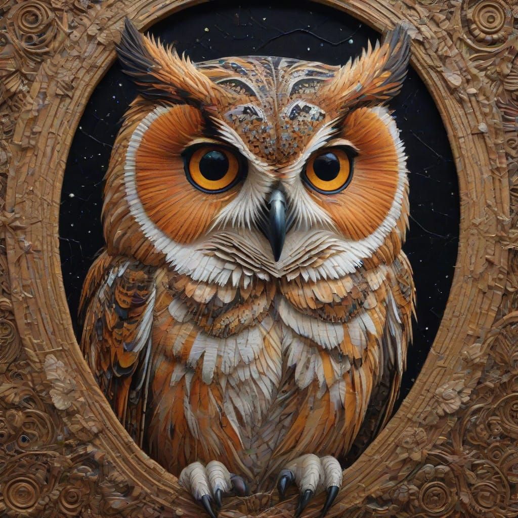 Surreal Anime Owl Embroidery in Klimt Inspired Style with Ba...