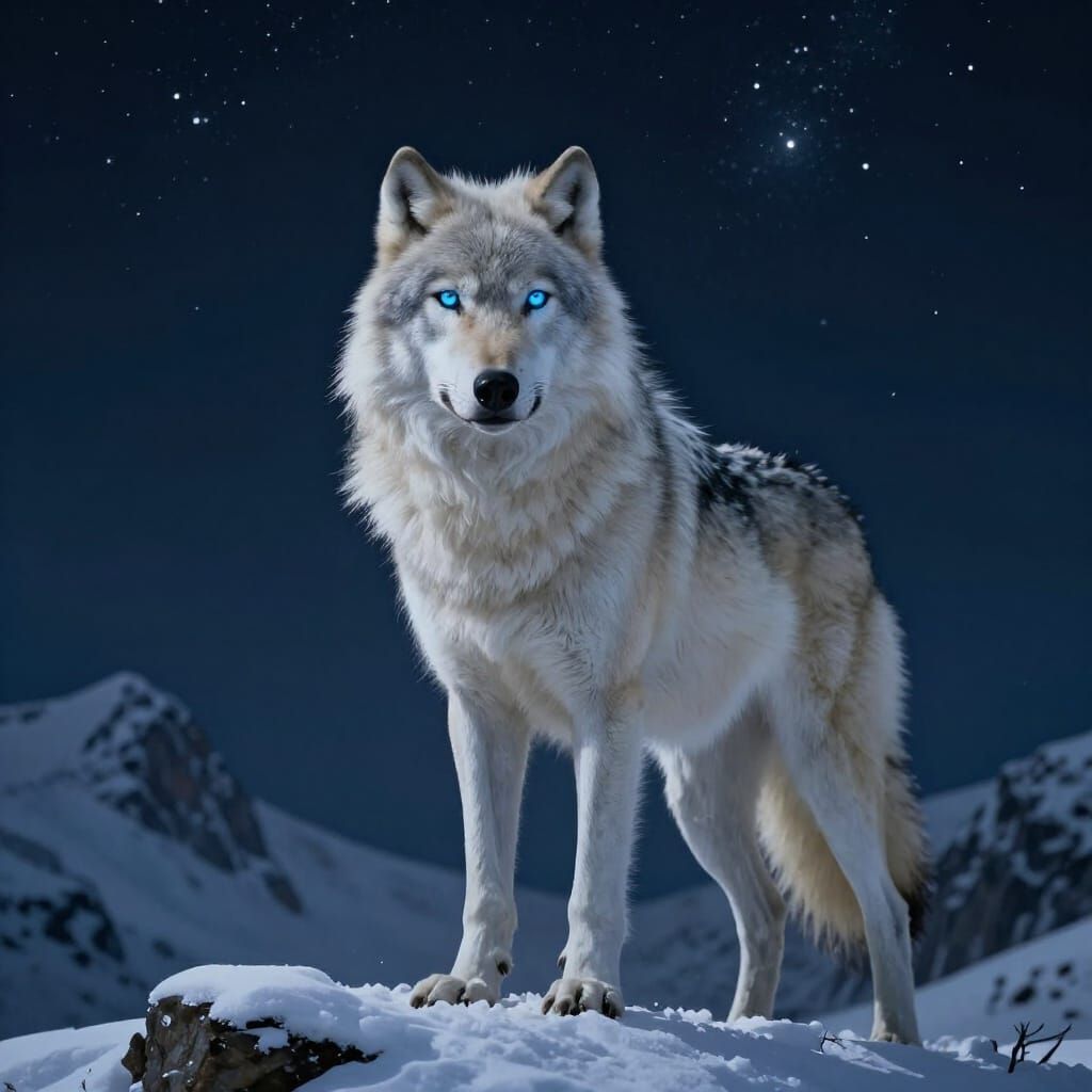 Majestic White Wolf on Mountain Peak at Night