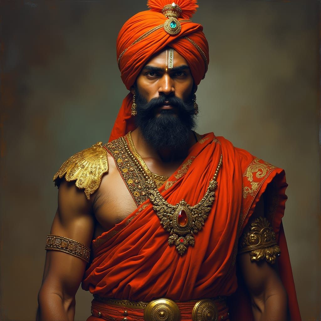 Majestic Portrait of a Maratha Warrior King in Regal Attire