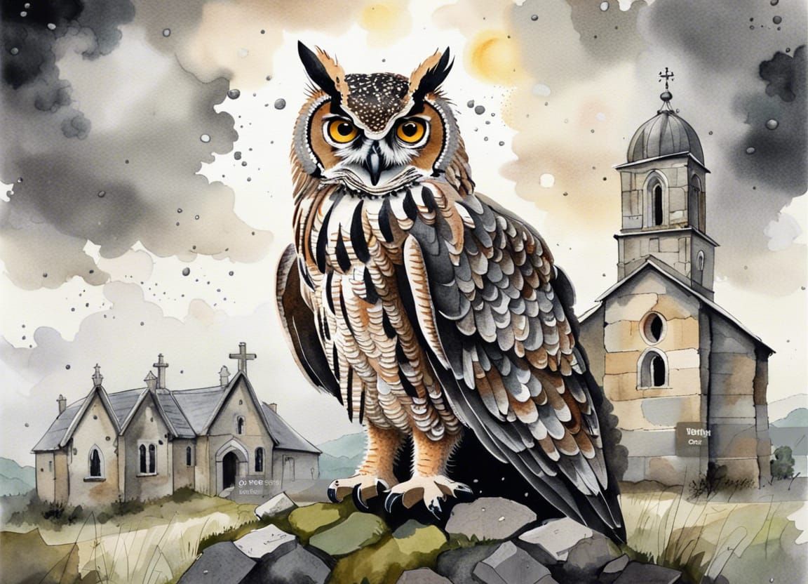 Eagle Owl Soaring Over Countryside Church in Watercolor
