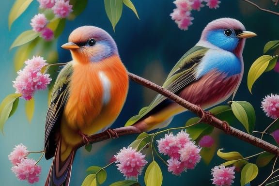 Colorful Bird on Blossoming Branch, Hyperrealistic Art